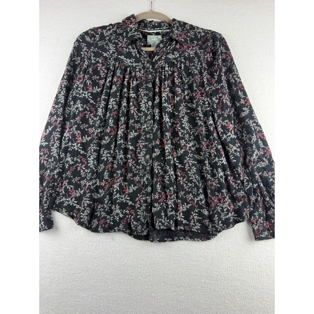 Maeve Anthropologie Black Floral Button Down Blouse Long Sleeve Rayon Size 2